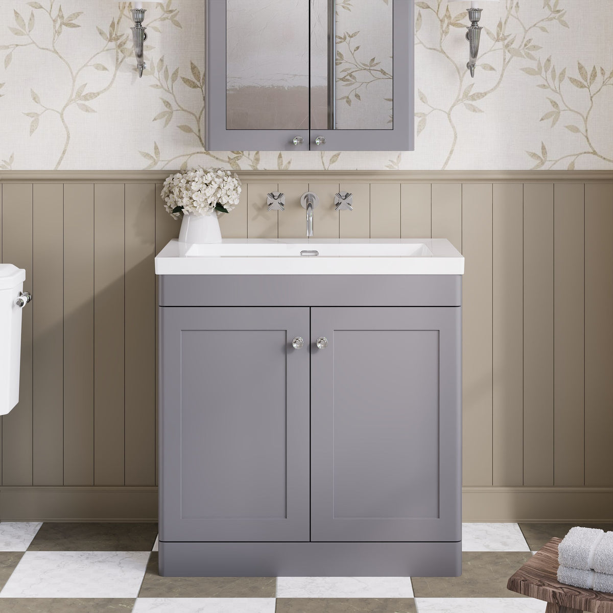 Modern Splash 800mm Satin Grey 2 Door Floor Standing Vanity Unit With Fireclay Basin