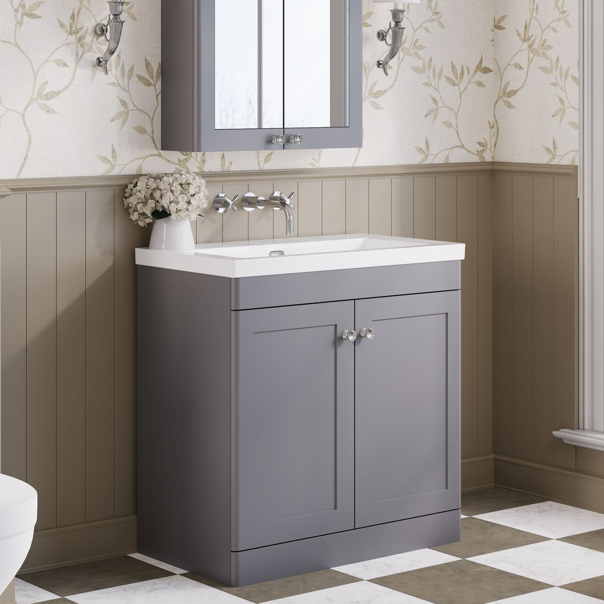 Modern Splash 800mm Satin Grey 2 Door Floor Standing Vanity Unit With Fireclay Basin