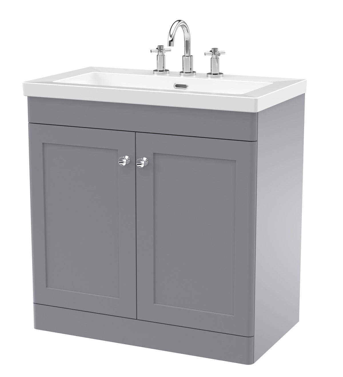 Modern Splash 800mm Satin Grey 2 Door Floor Standing Vanity Unit With 3 Tap Hole Fireclay Basin