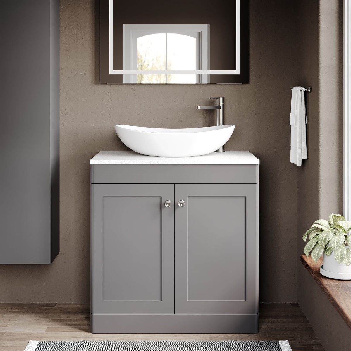 Modern Splash 800mm Satin Grey 2 Door Floor Standing Vanity Unit With White Marble Worktop