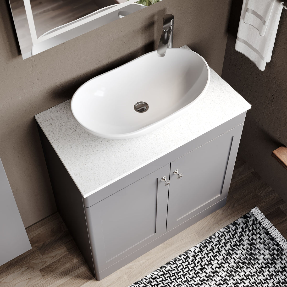 Modern Splash 800mm Satin Grey 2 Door Floor Standing Vanity Unit With White Marble Worktop