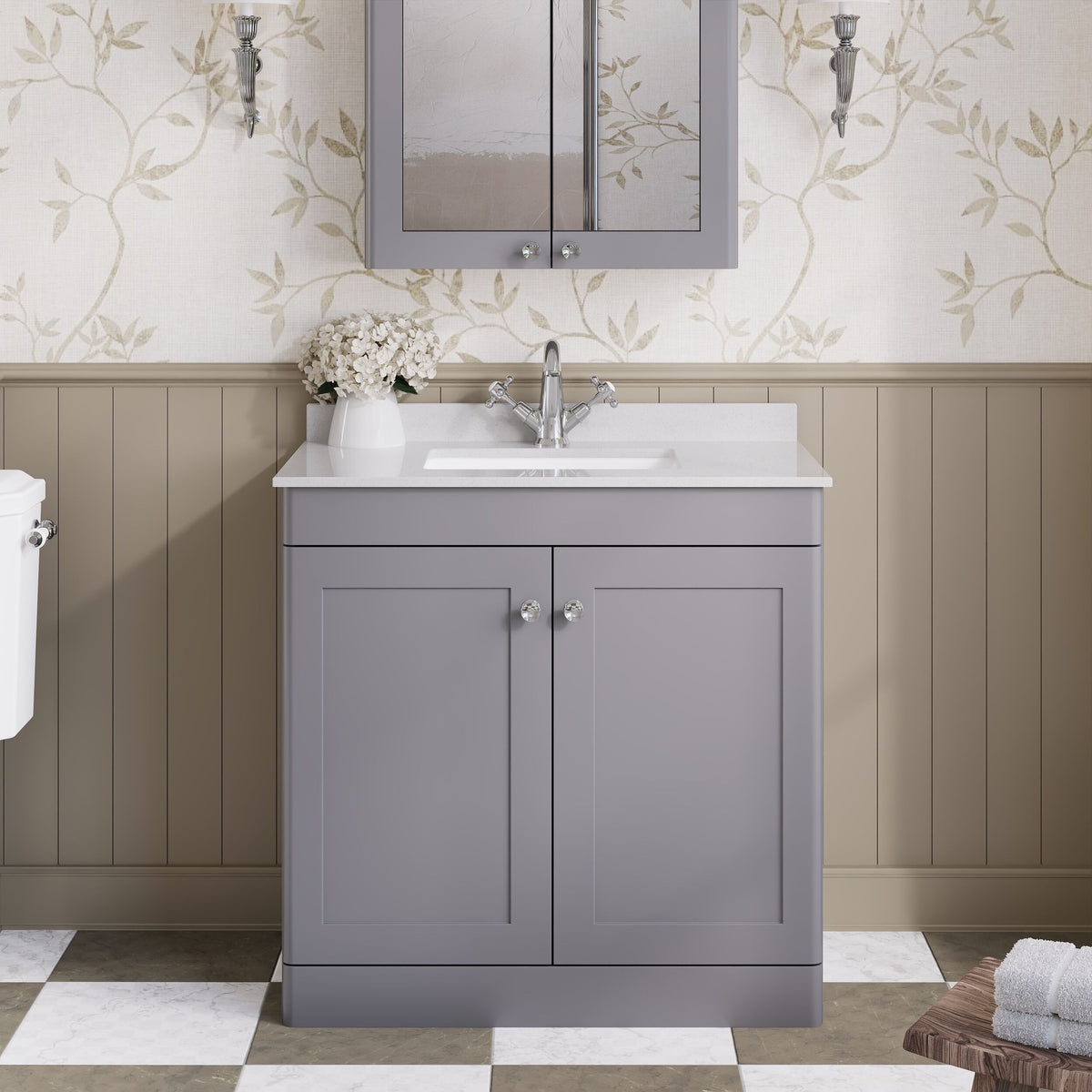 Modern Splash 800mm Satin Grey 2 Door Floor Standing Vanity Unit With 1 Tap Hole Marble Basin