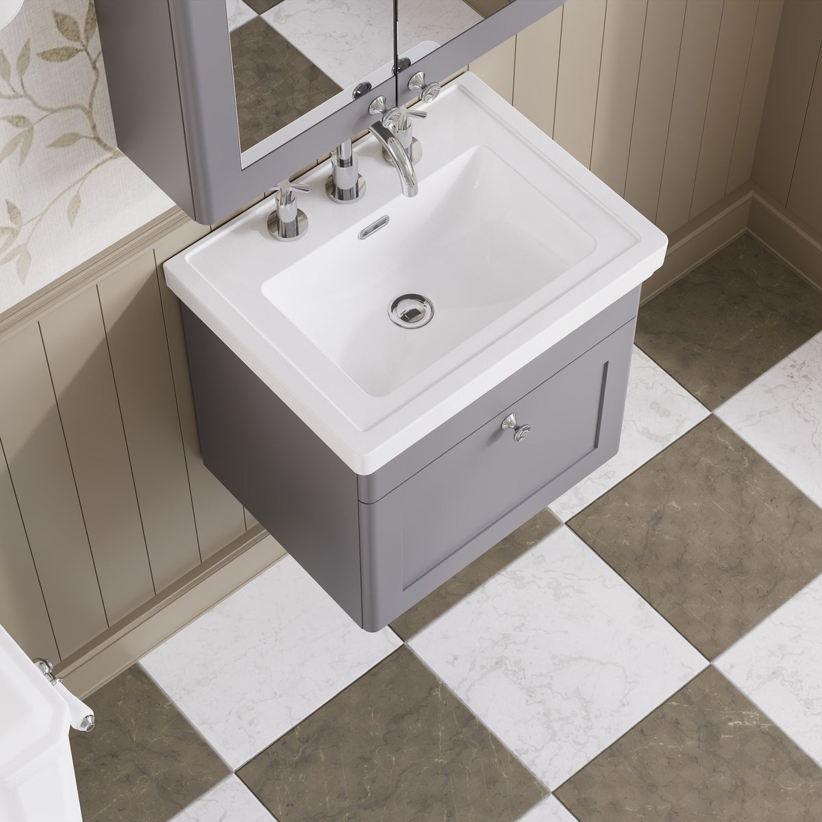 Modern Splash 500mm Satin Grey 1 Drawer Wall Hung Vanity Unit With 3 Tap Hole Basin