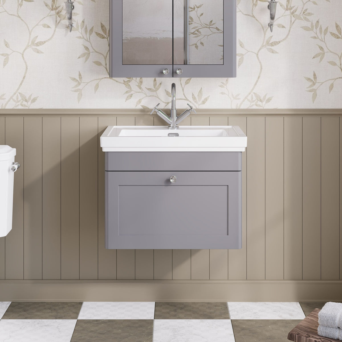 Modern Splash 600mm Satin Grey 1 Drawer Wall Hung Vanity Unit With 1 Tap Hole Basin With Ceramic Basin