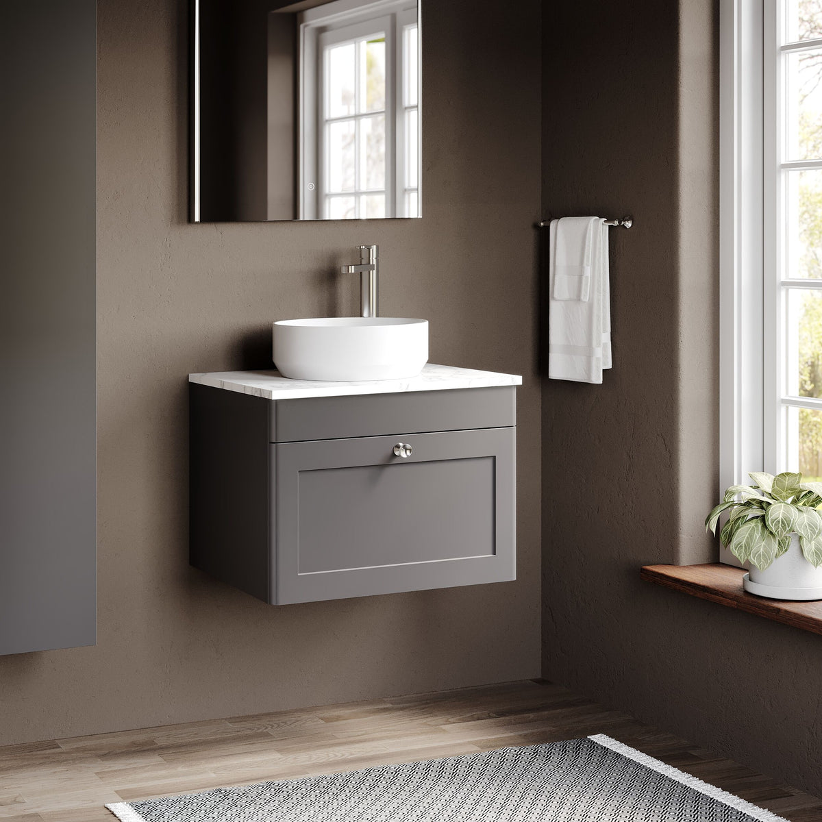 Modern Splash 600mm Satin Grey 1 Drawer Wall Hung Vanity With Carrara Marble Worktop