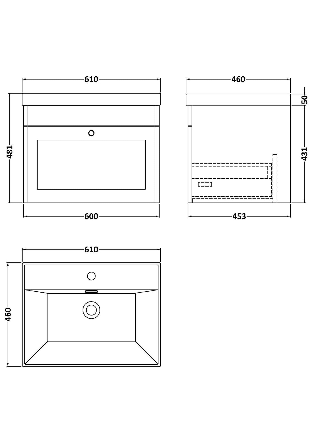 Modern Splash 600mm Satin Grey 1 Drawer Wall Hung Vanity Unit With 1 Tap Hole Thin Edge Basin