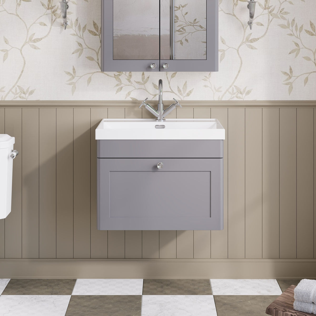 Modern Splash 600mm Satin Grey 1 Drawer Wall Hung Vanity Unit With 1 Tap Hole Thin Edge Basin