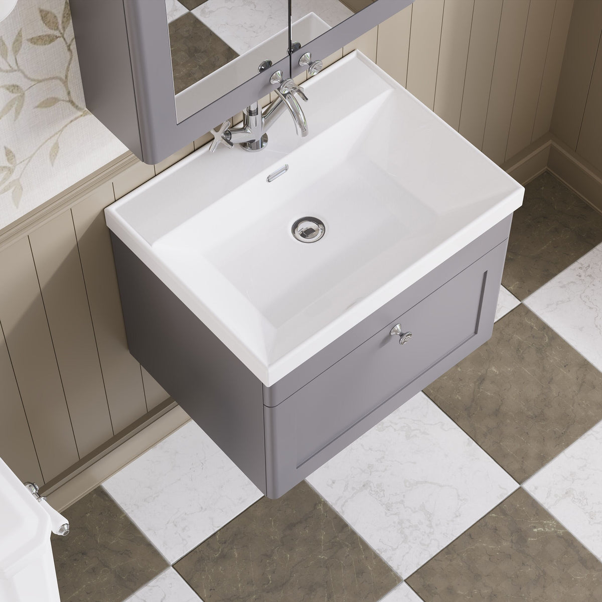 Modern Splash 600mm Satin Grey 1 Drawer Wall Hung Vanity Unit With 1 Tap Hole Thin Edge Basin