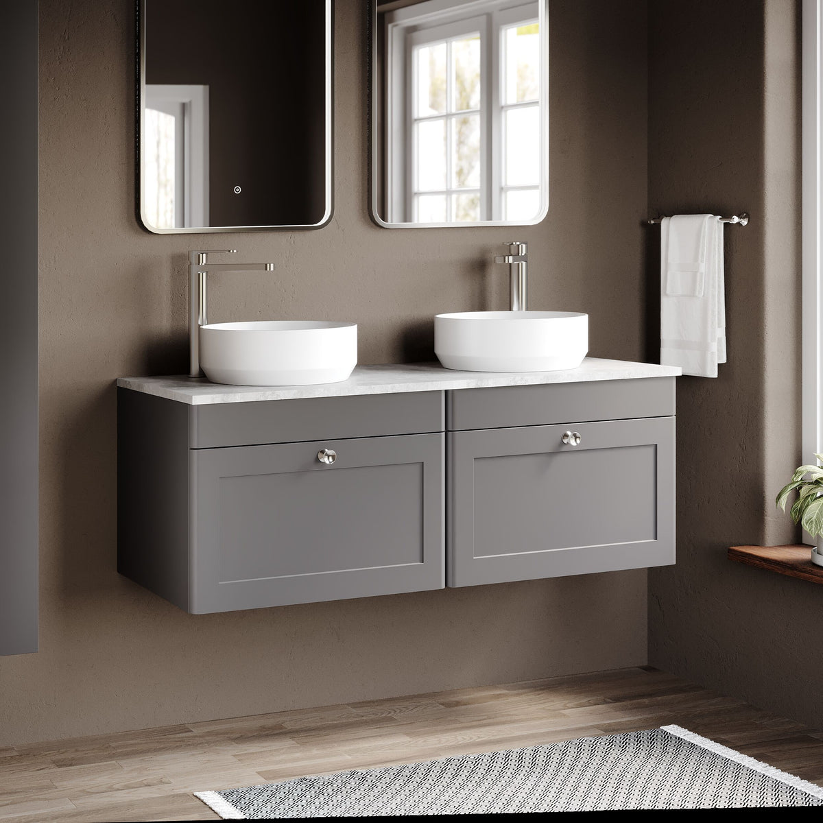Modern Splash 1200mm Satin Grey 2 Drawer Wall Hung Vanity Unit With Grey Marble Worktop