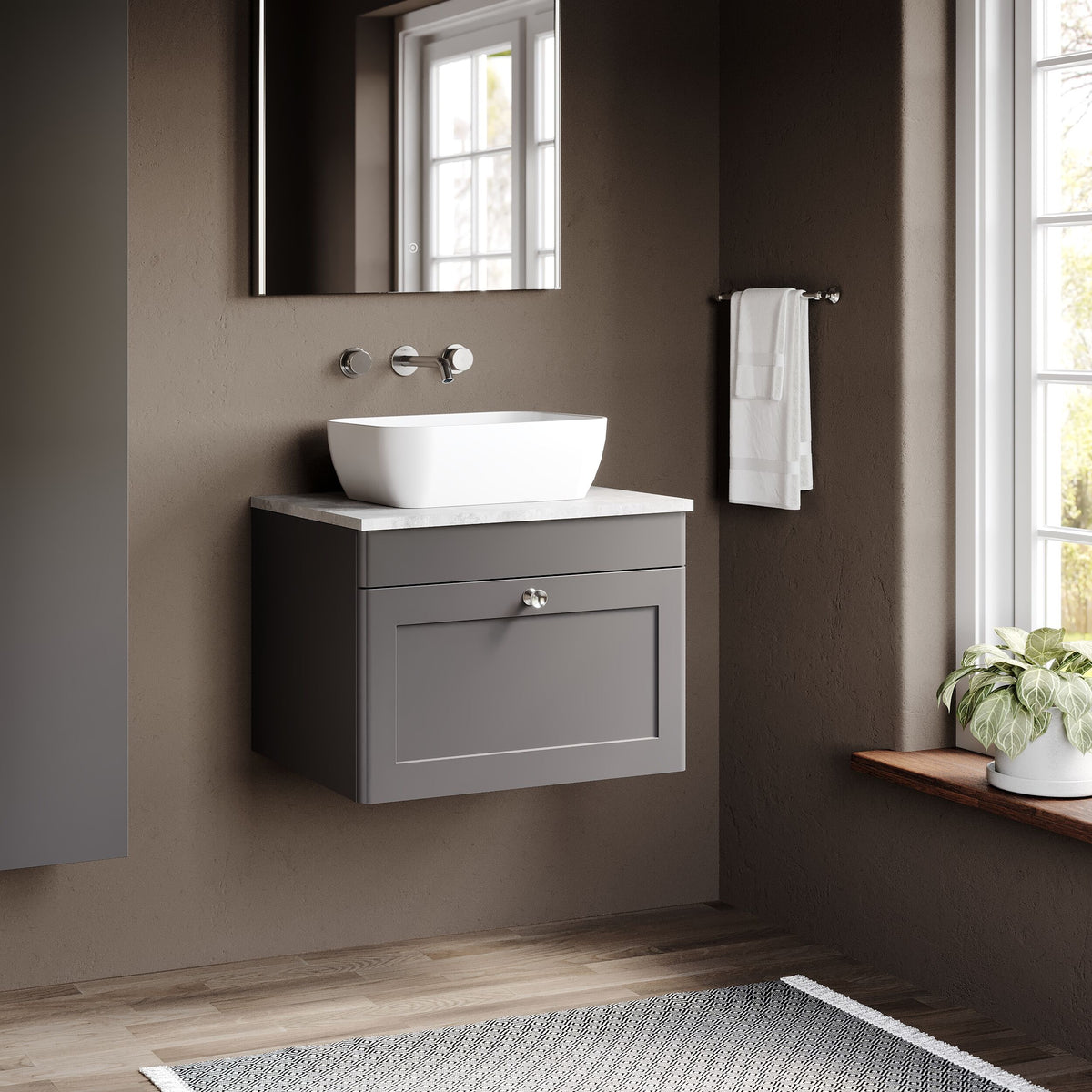 Modern Splash 600mm Satin Grey 1 Drawer Wall Hung Vanity With Grey Marble Worktop