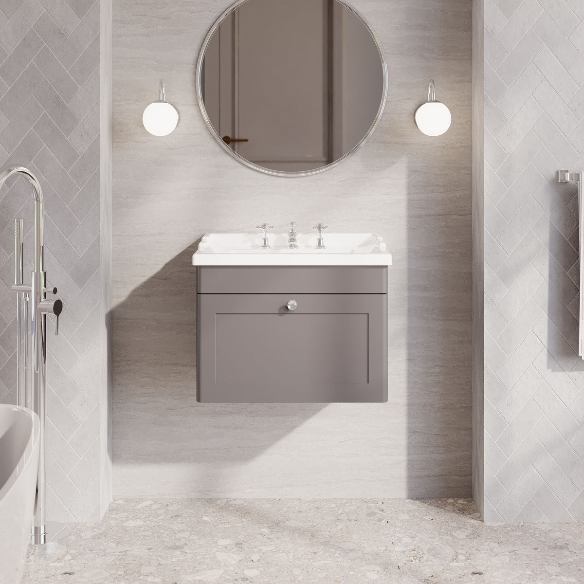Modern Splash 600mm Satin Grey 1 Drawer Wall Hung Vanity Unit With 3 Tap Hole Basin