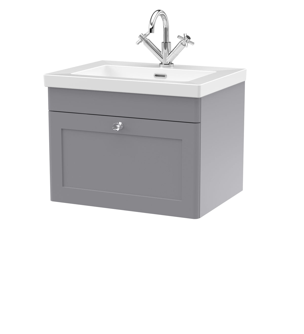 Modern Splash 600mm Satin Grey 1 Drawer Wall Hung Vanity Unit With 1 Tap Hole Fireclay Basin