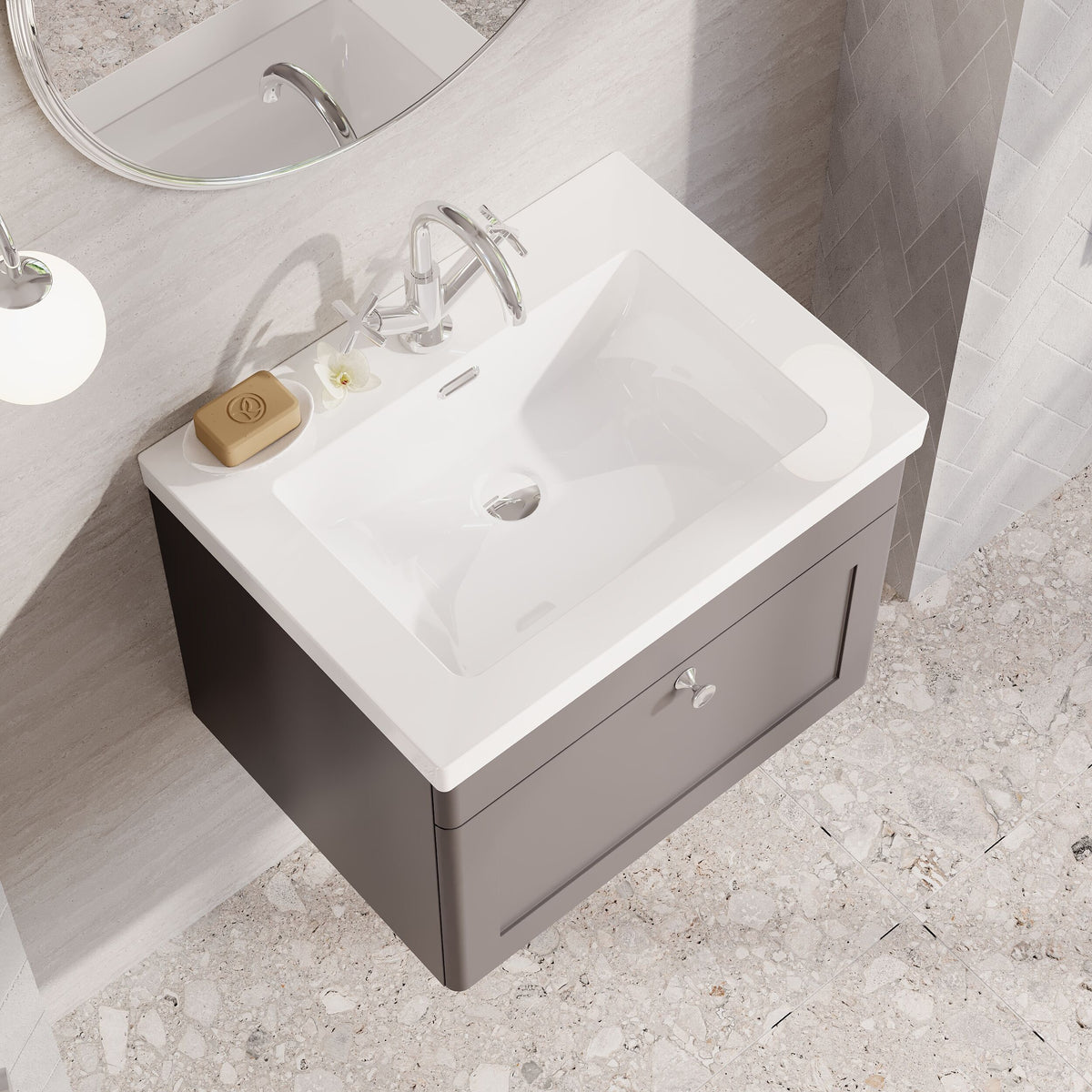 Modern Splash 600mm Satin Grey 1 Drawer Wall Hung Vanity Unit With 1 Tap Hole Fireclay Basin