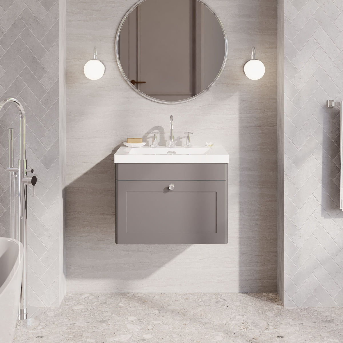 Modern Splash 600mm Satin Grey 1 Drawer Wall Hung Vanity Unit With 3 Tap Hole Fireclay Basin