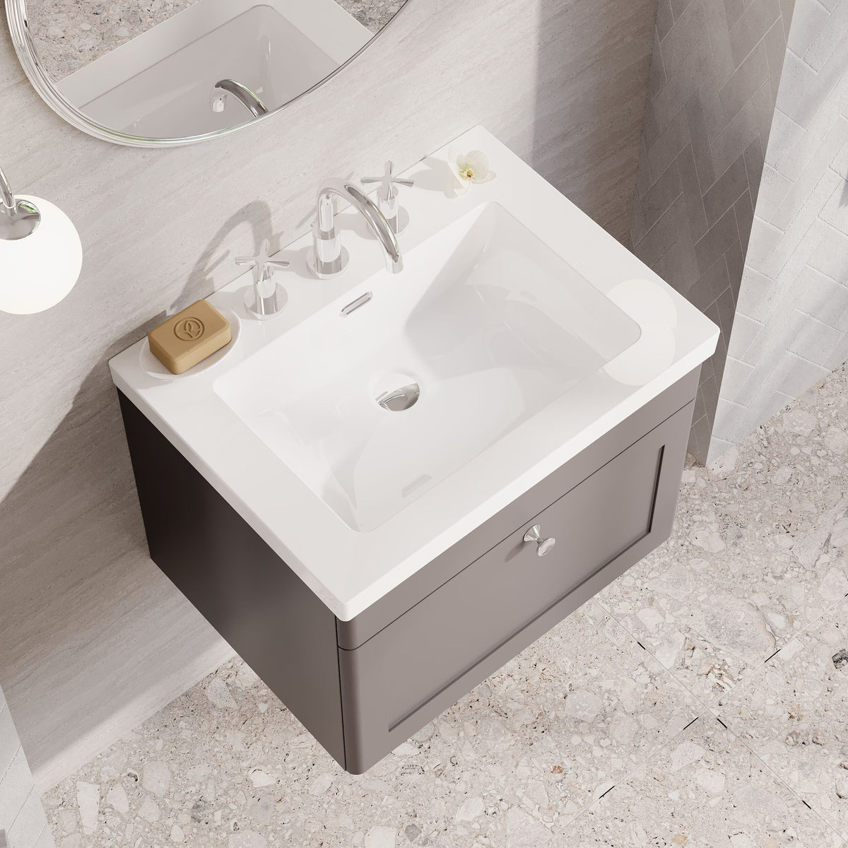 Modern Splash 600mm Satin Grey 1 Drawer Wall Hung Vanity Unit With 3 Tap Hole Fireclay Basin
