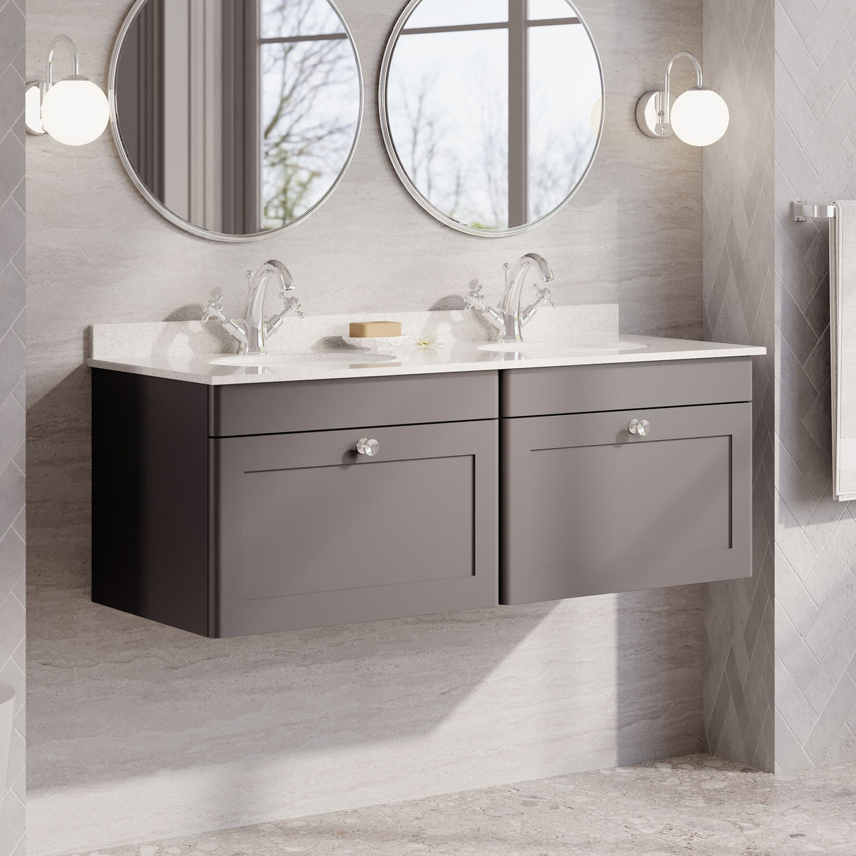 Modern Splash 1200mm Satin Grey 2 Drawer Wall Hung Vanity Unit With 2 Tap Hole Marble Basin