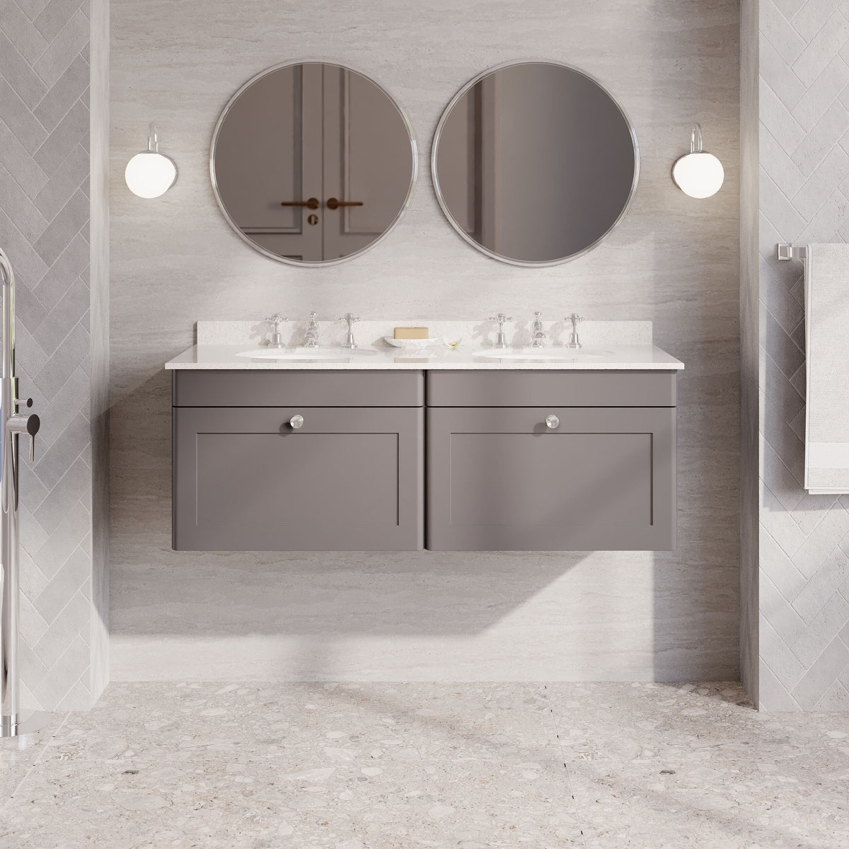 Modern Splash 1200mm Satin Grey 2 Drawer Wall Hung Vanity Unit With 6 Tap Hole Marble Basin