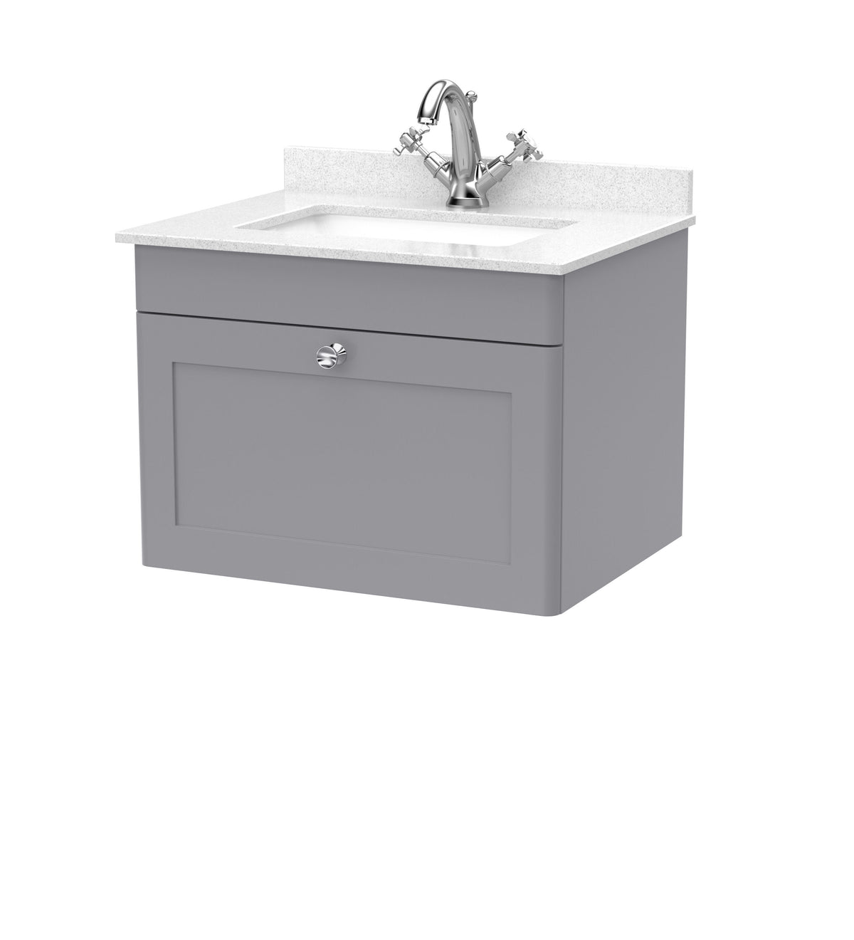 Modern Splash 600mm Satin Grey 1 Drawer Wall Hung Vanity Unit With 1 Tap Hole Marble Basin