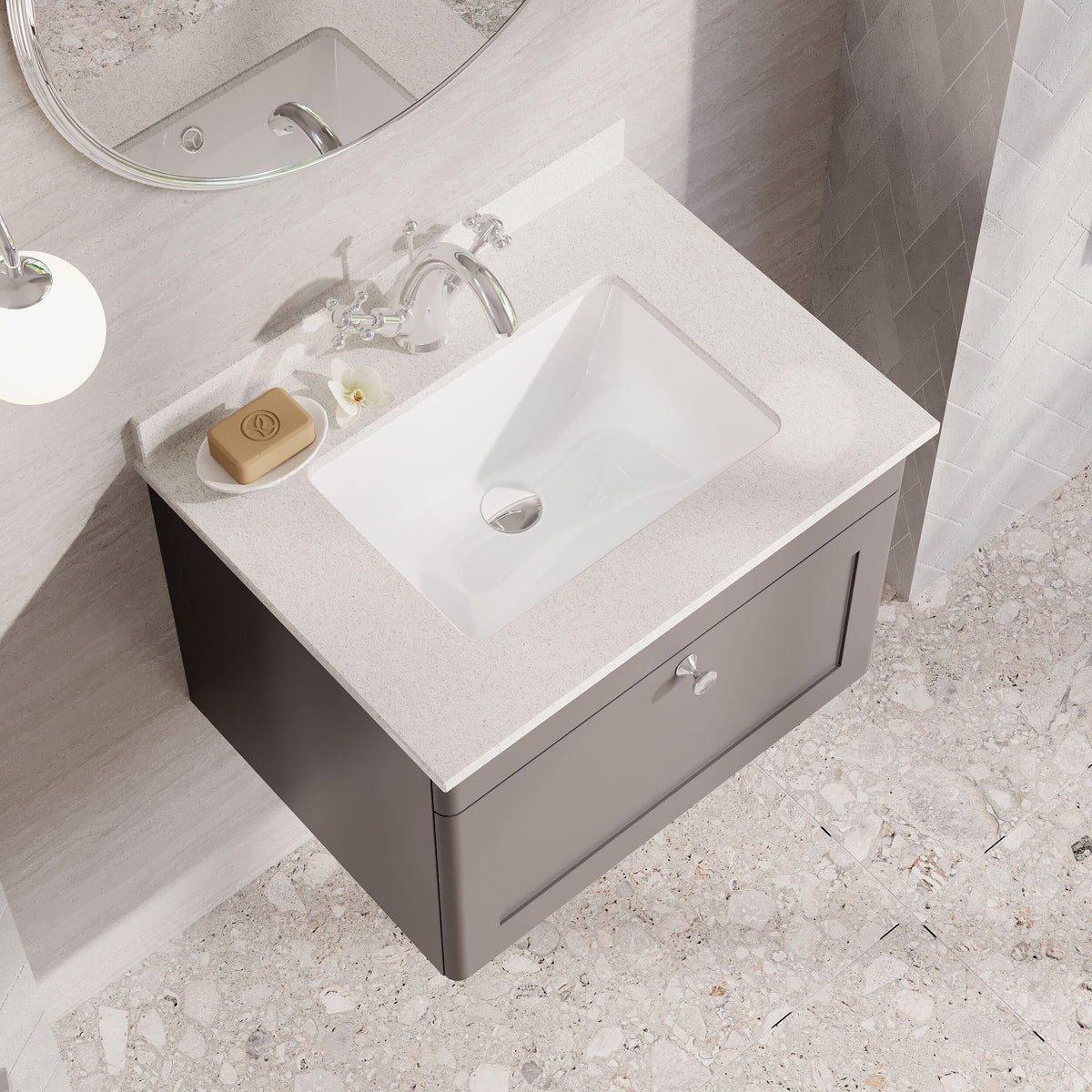Modern Splash 600mm Satin Grey 1 Drawer Wall Hung Vanity Unit With 1 Tap Hole Marble Basin