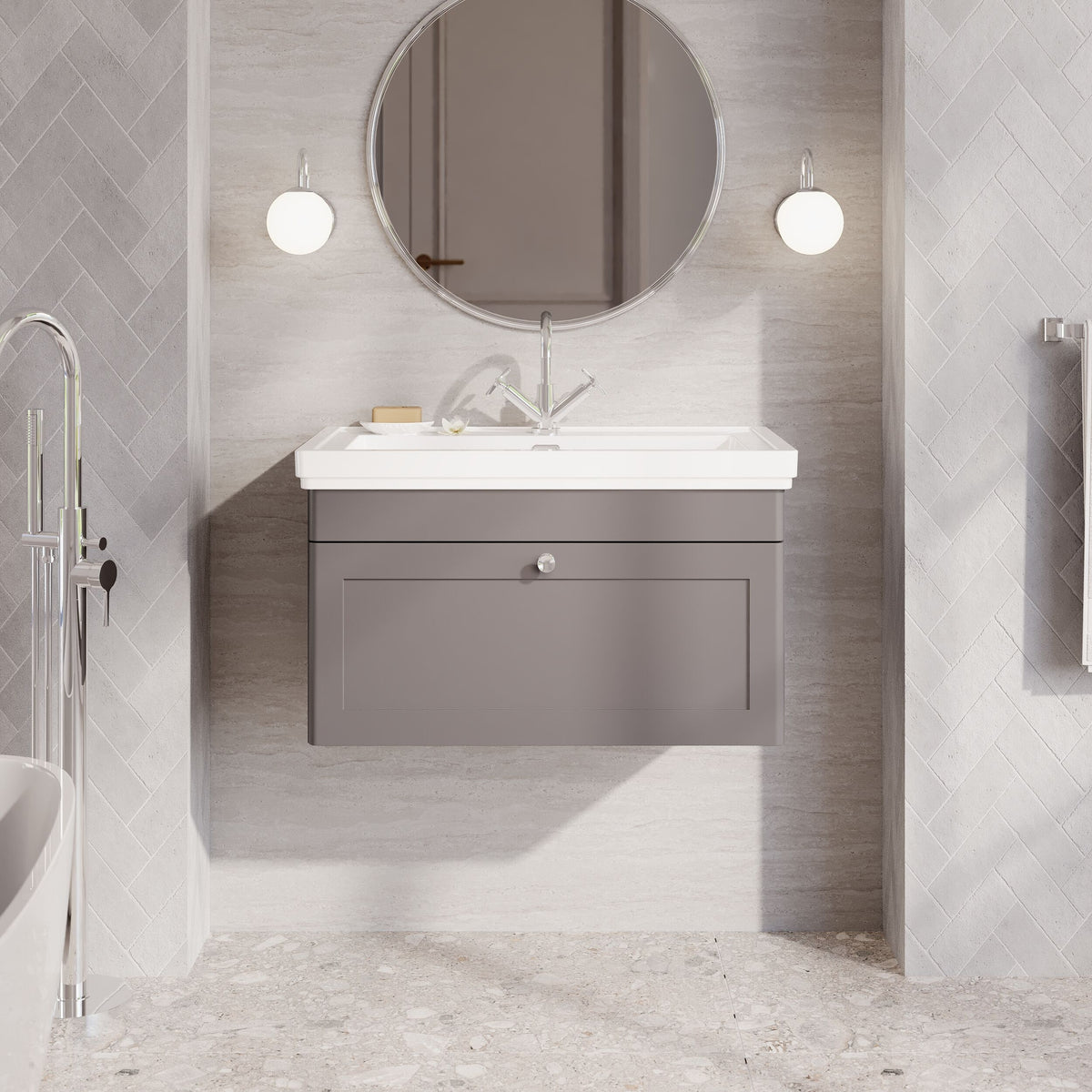 Modern Splash 800mm Satin Grey 1 Drawer Wall Hung Vanity Unit With 1 Tap Hole Basin With Ceramic Basin