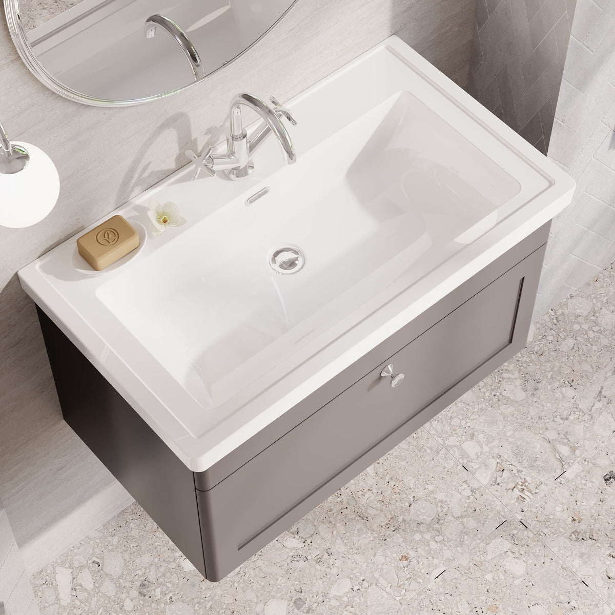 Modern Splash 800mm Satin Grey 1 Drawer Wall Hung Vanity Unit With 1 Tap Hole Basin With Ceramic Basin