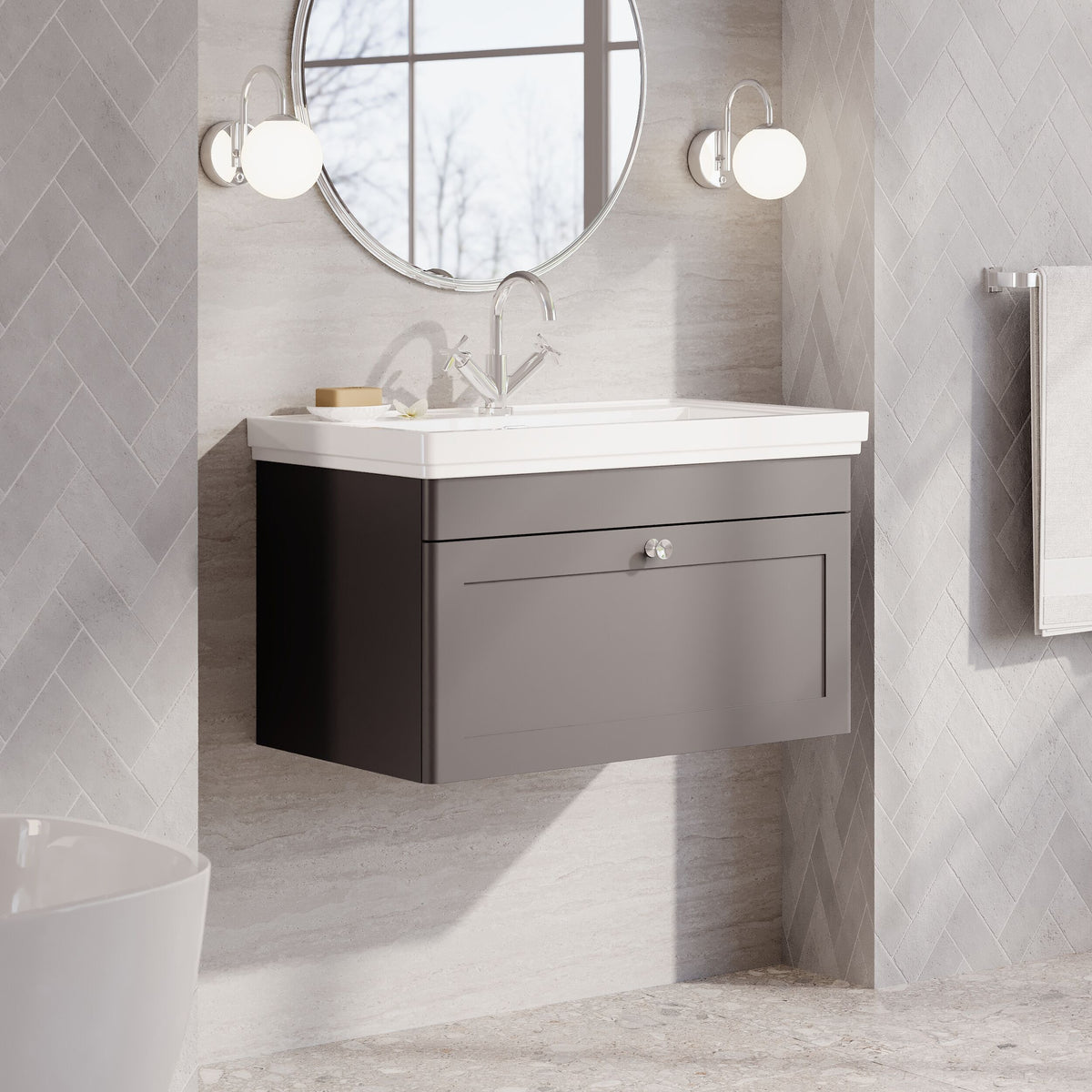 Modern Splash 800mm Satin Grey 1 Drawer Wall Hung Vanity Unit With 1 Tap Hole Basin With Ceramic Basin