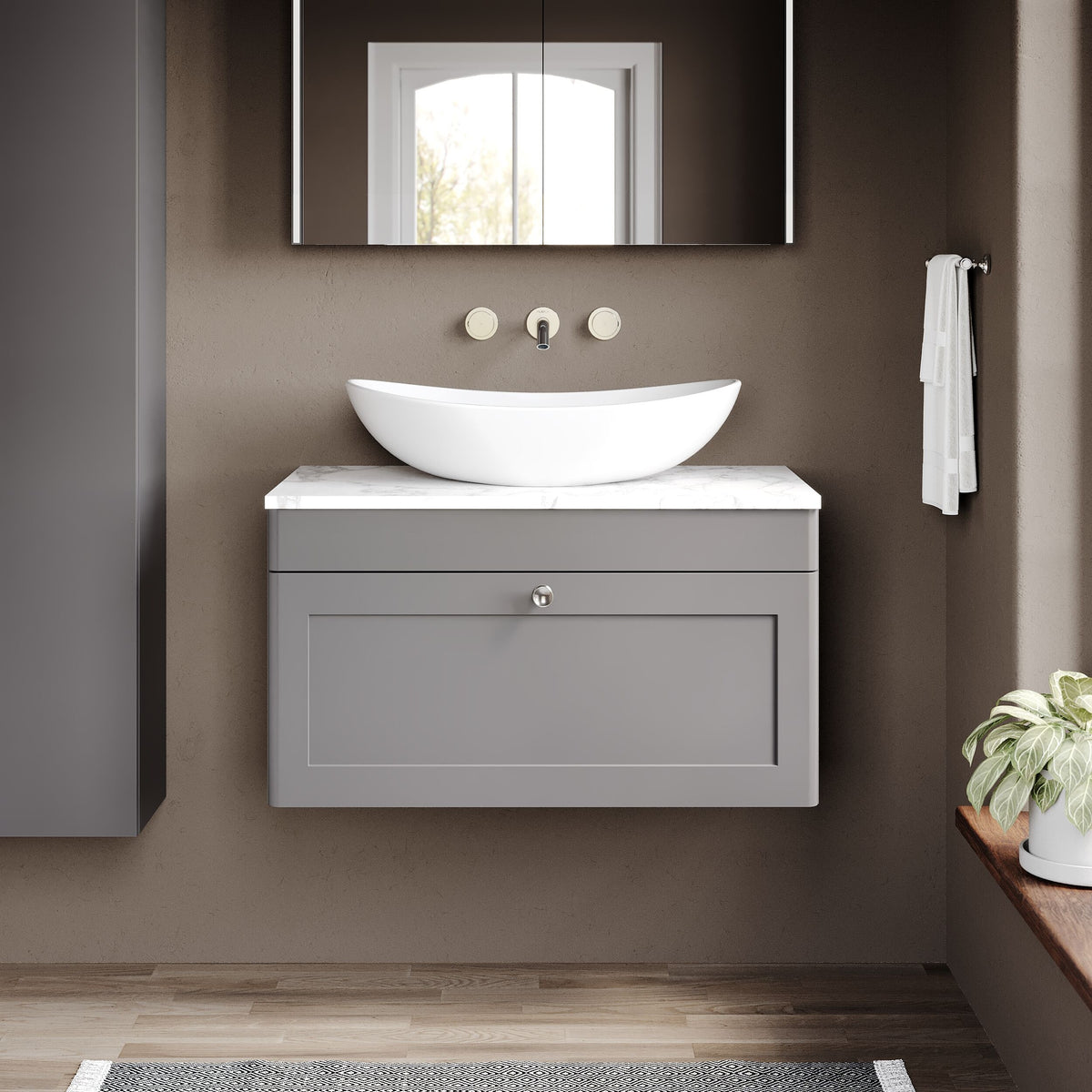 Modern Splash 800mm Satin Grey 1 Drawer Wall Hung Vanity Unit With Carrara Marble Worktop