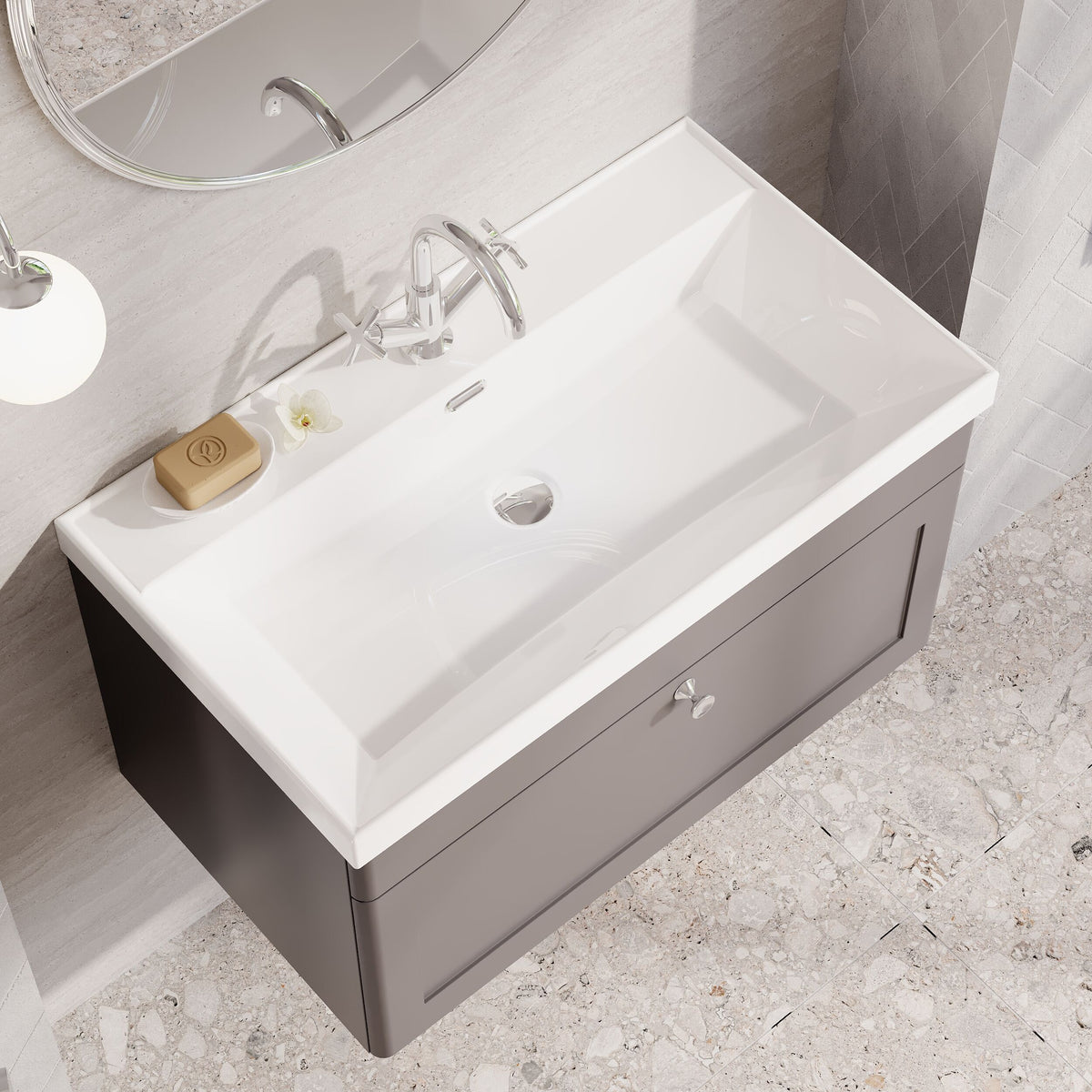 Modern Splash 800mm Satin Grey 1 Drawer Wall Hung Vanity Unit With 1 Tap Hole Thin Edge Basin