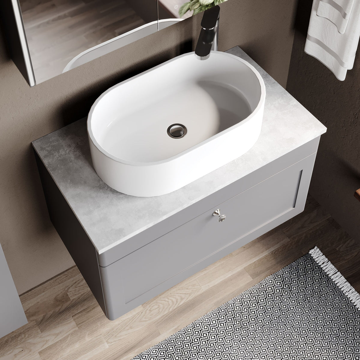 Modern Splash 800mm Satin Grey 1 Drawer Wall Hung Vanity Unit With Grey Marble Worktop