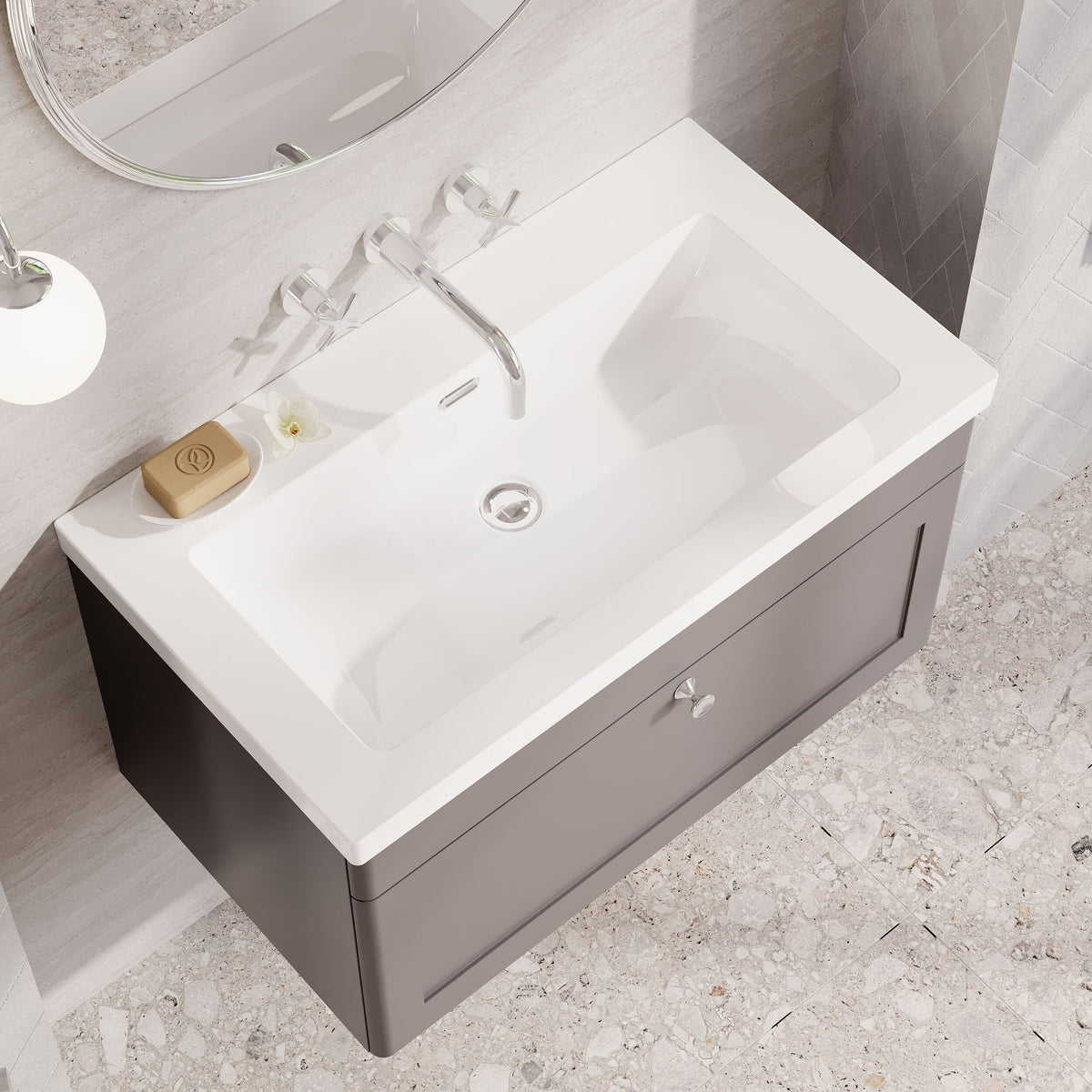 Modern Splash 800mm Satin Grey 1 Drawer Wall Hung Vanity Unit With Fireclay Basin