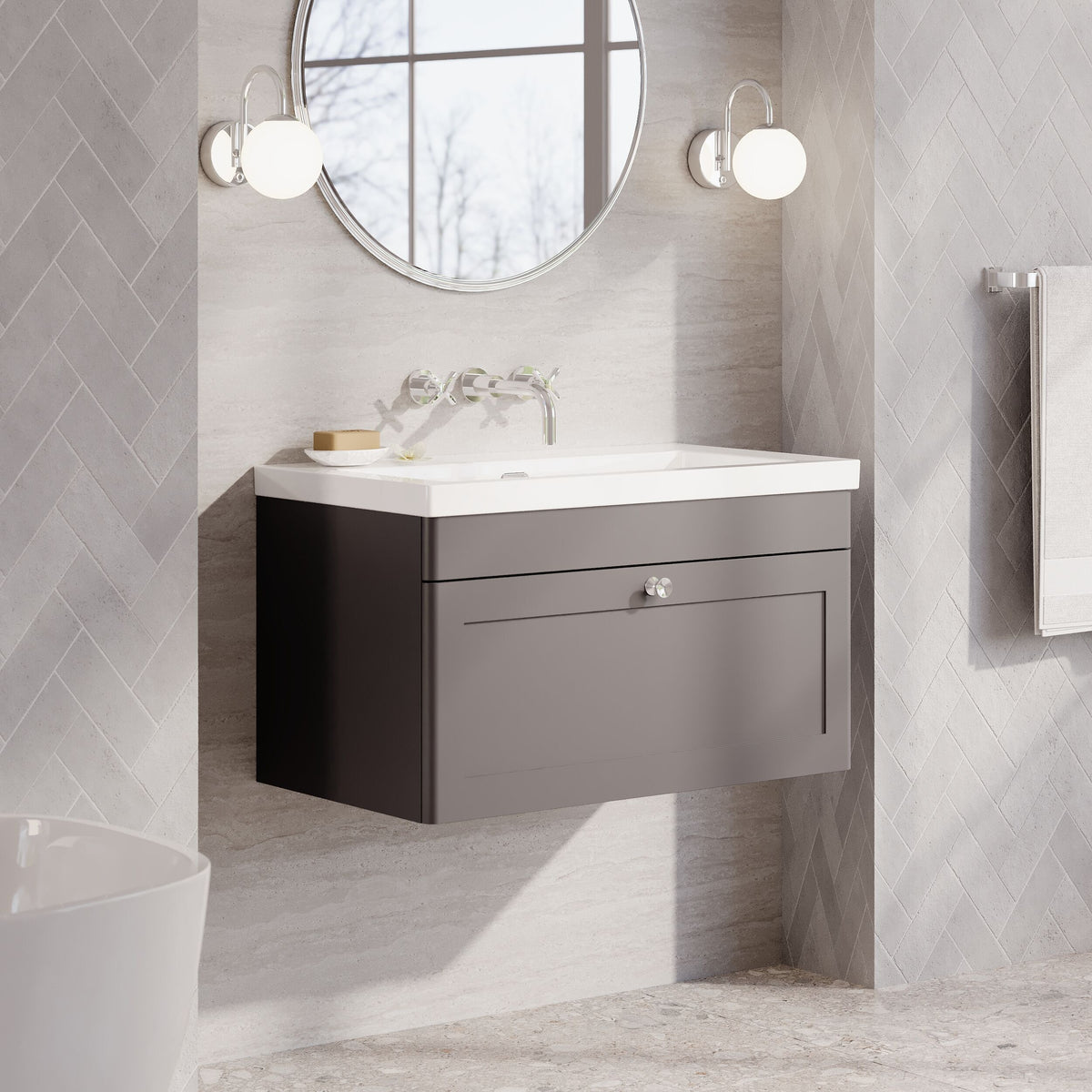 Modern Splash 800mm Satin Grey 1 Drawer Wall Hung Vanity Unit With Fireclay Basin
