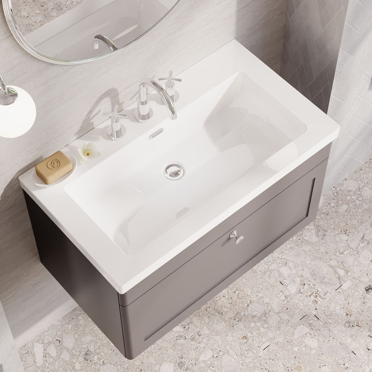 Modern Splash 800mm Satin Grey 1 Drawer Wall Hung Vanity Unit With 3 Tap Hole Fireclay Basin