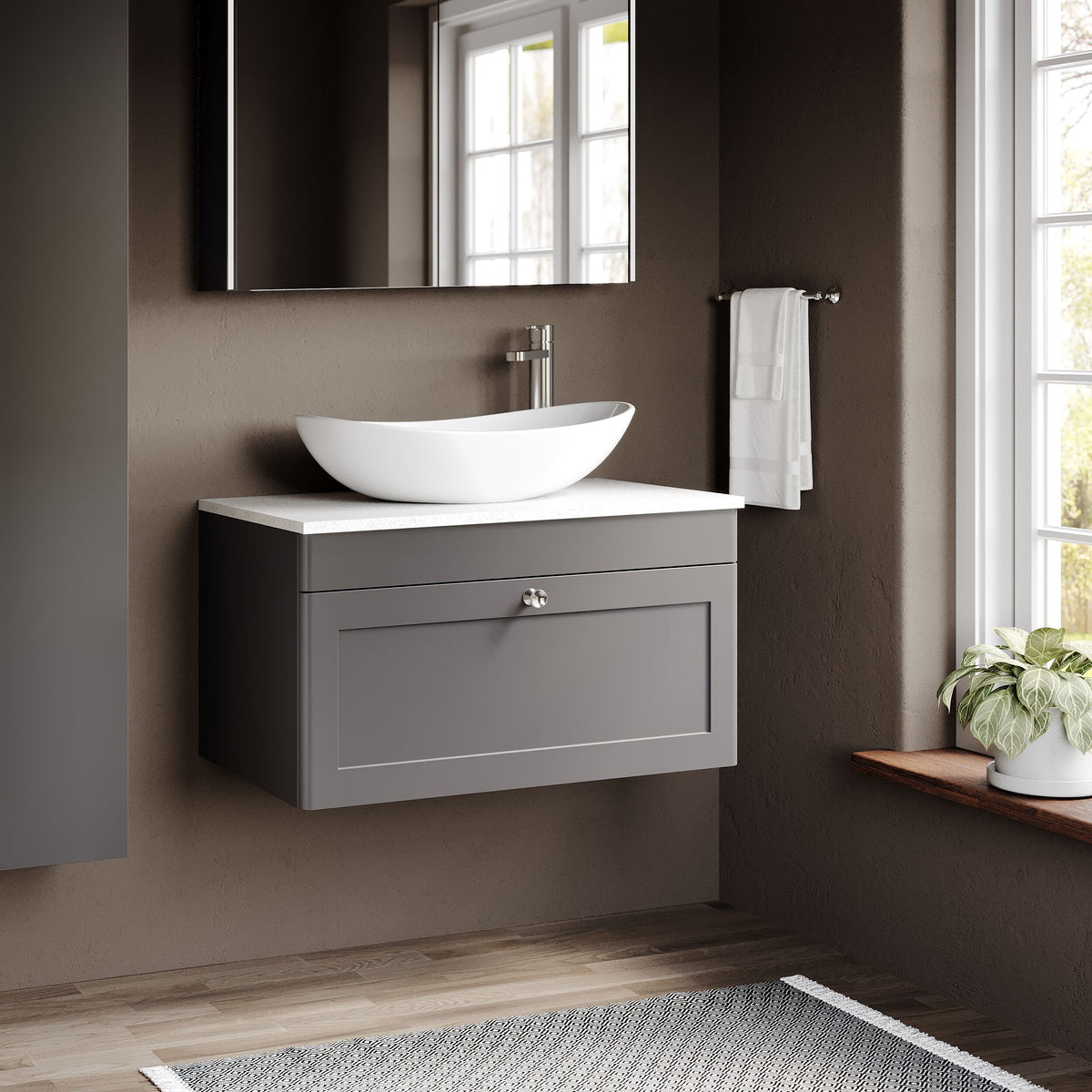 Modern Splash 800mm Satin Grey 1 Drawer Wall Hung Vanity With White Marble Worktop