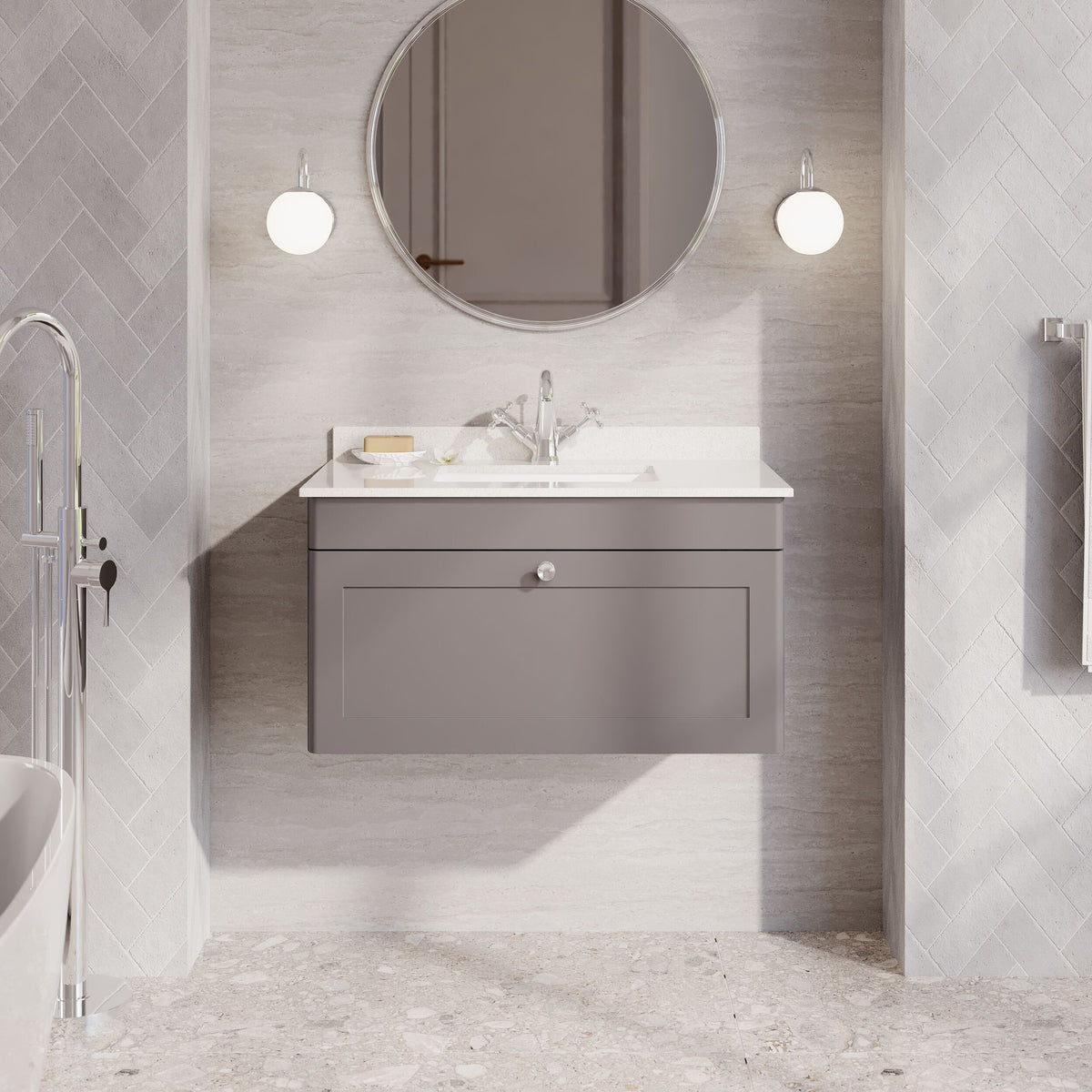 Modern Splash 800mm Satin Grey 1 Drawer Wall Hung Vanity Unit With 1 Tap Hole Marble Basin