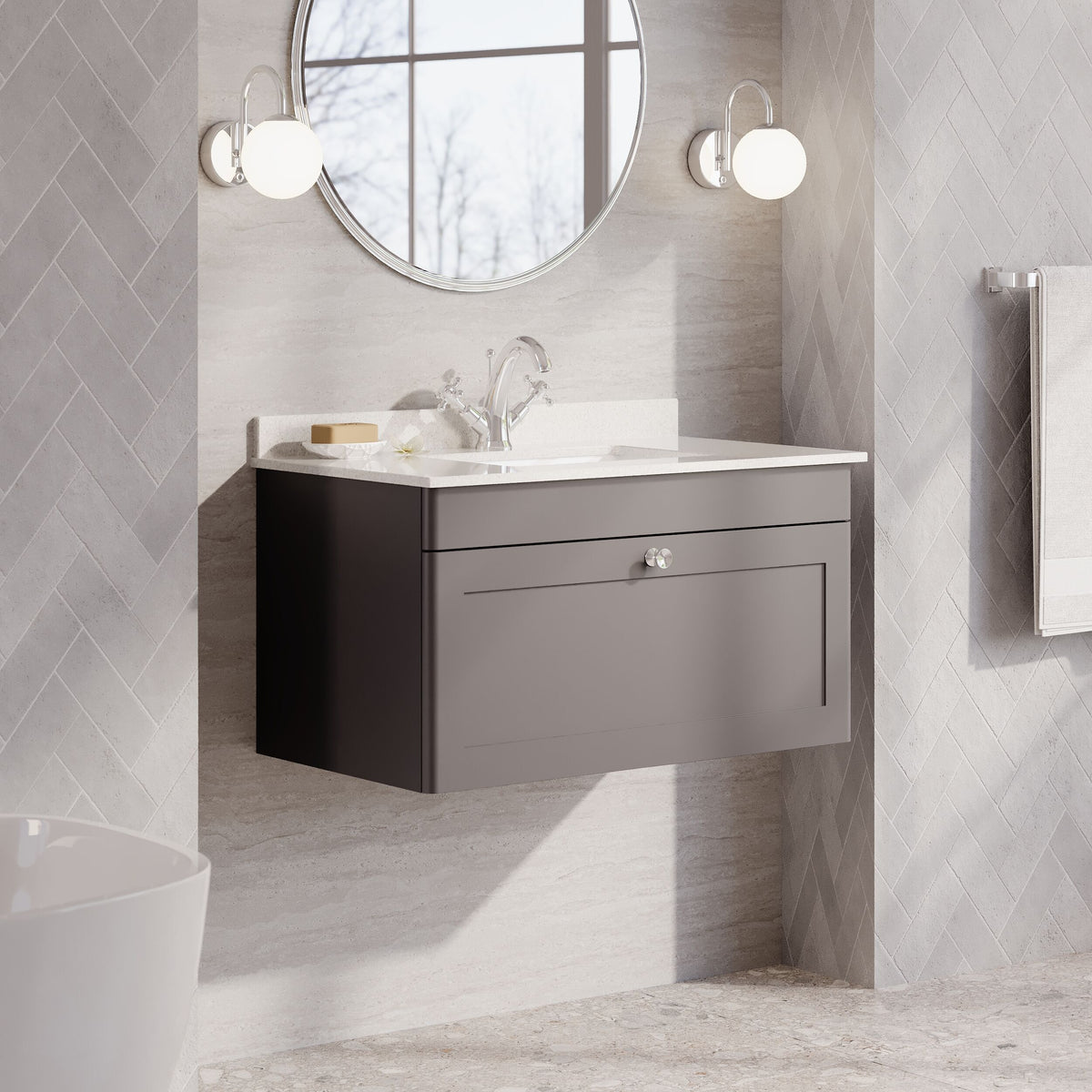 Modern Splash 800mm Satin Grey 1 Drawer Wall Hung Vanity Unit With 1 Tap Hole Marble Basin