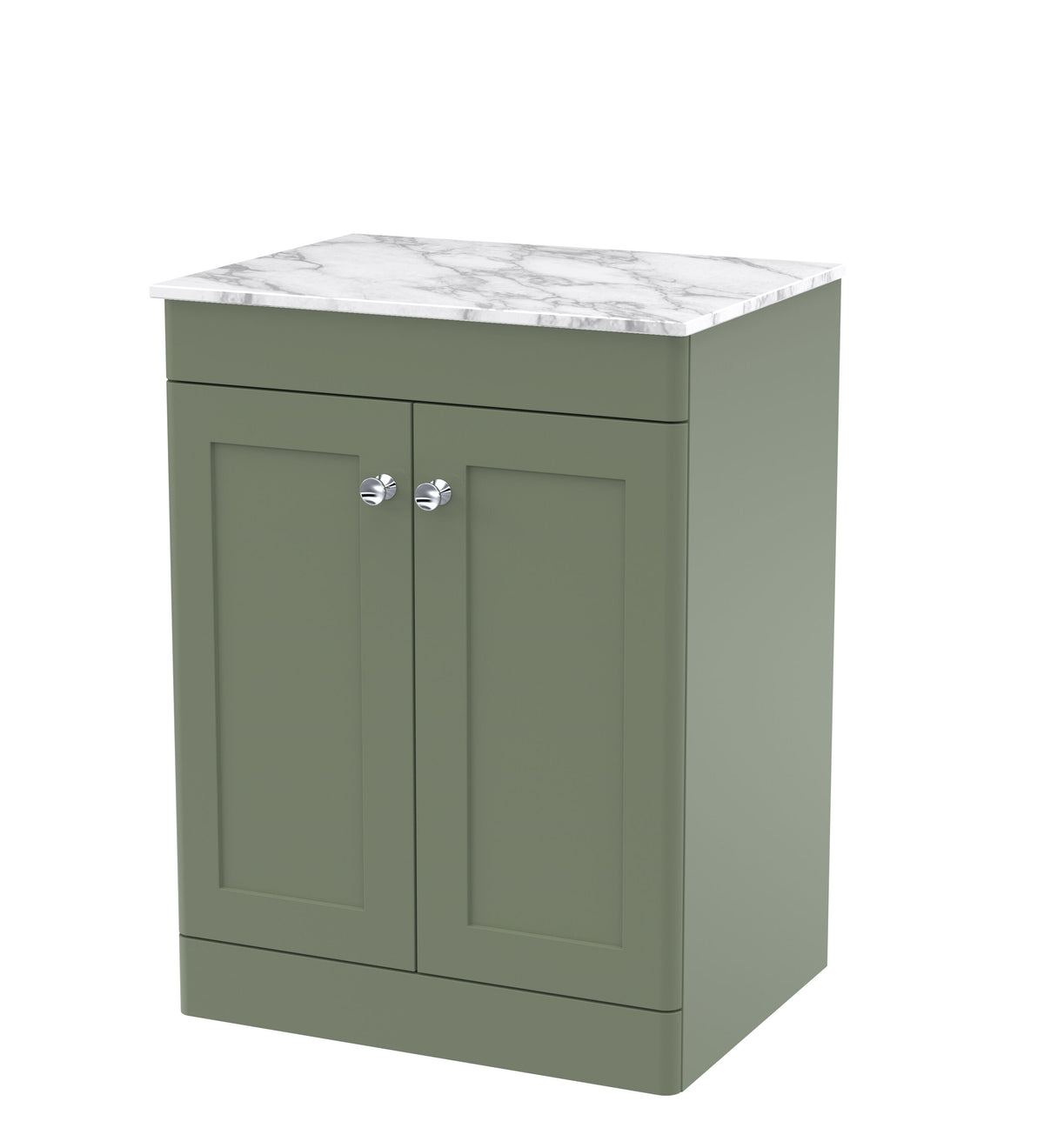 Modern Splash 600mm Satin Green 2 Door Floor Standing Vanity Unit With Carrara Marble Worktop