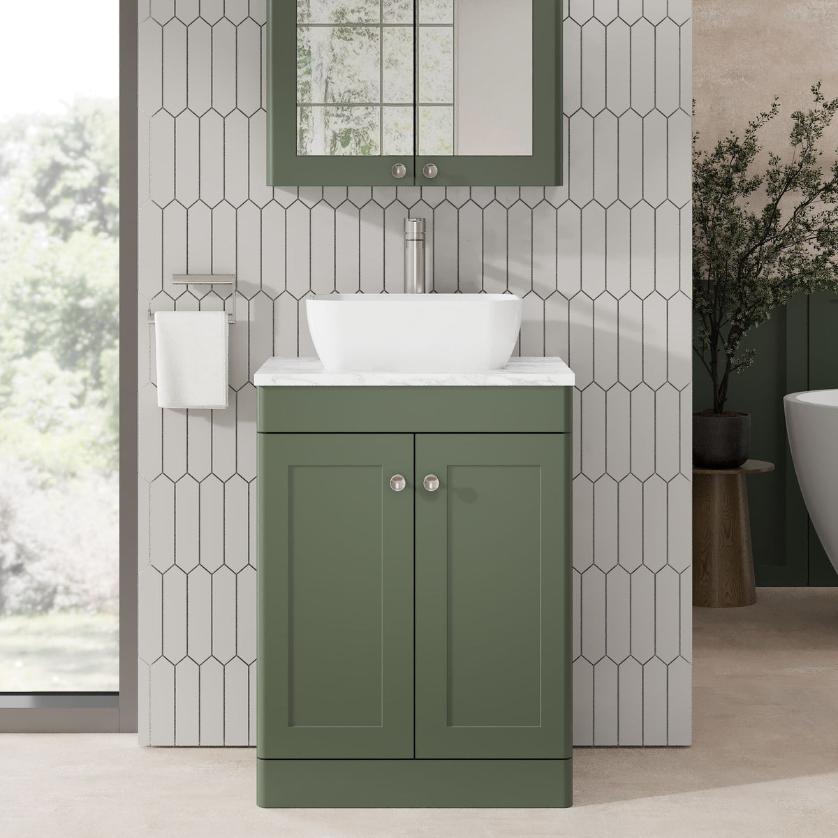 Modern Splash 600mm Satin Green 2 Door Floor Standing Vanity Unit With Carrara Marble Worktop