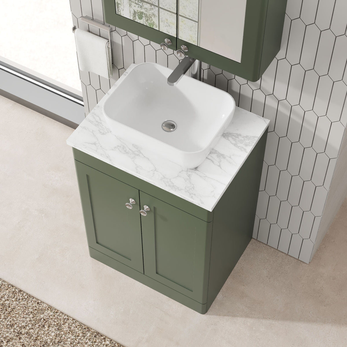 Modern Splash 600mm Satin Green 2 Door Floor Standing Vanity Unit With Carrara Marble Worktop