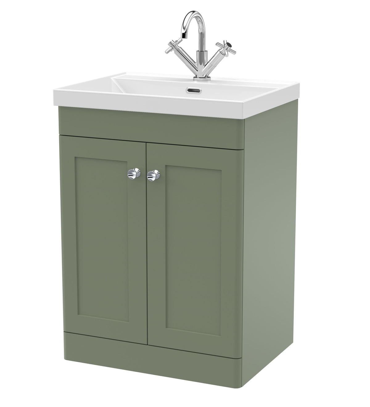 Modern Splash 600mm Satin Green 2 Door Floor Standing Vanity Unit With 1 Tap Hole Thin Edge Basin
