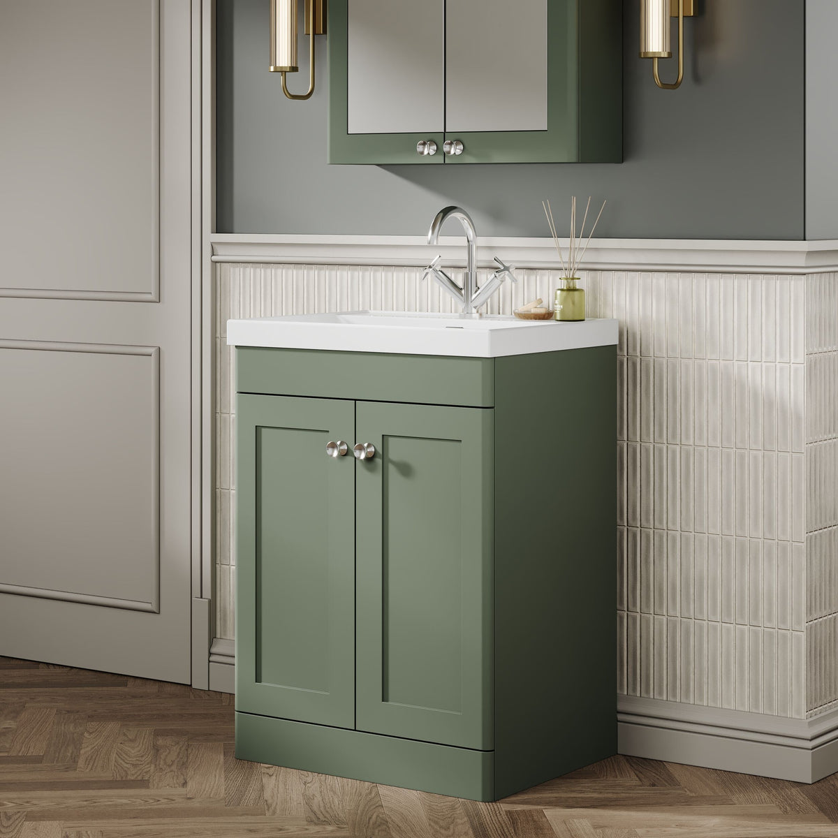 Modern Splash 600mm Satin Green 2 Door Floor Standing Vanity Unit With 1 Tap Hole Thin Edge Basin