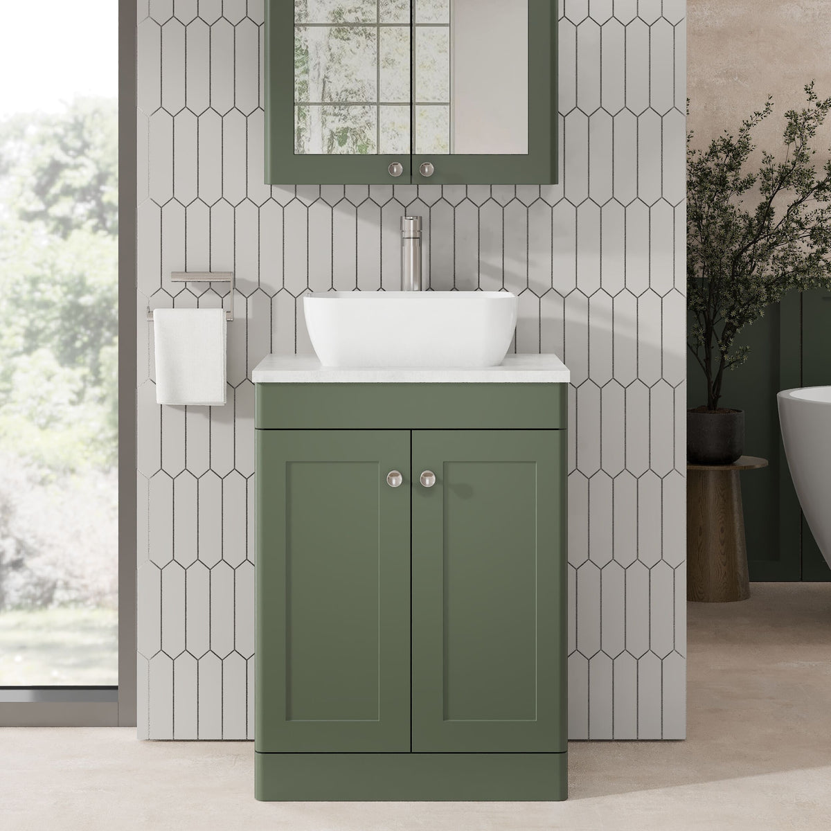 Modern Splash 600mm Satin Green 2 Door Floor Standing Vanity Unit With Grey Marble Worktop