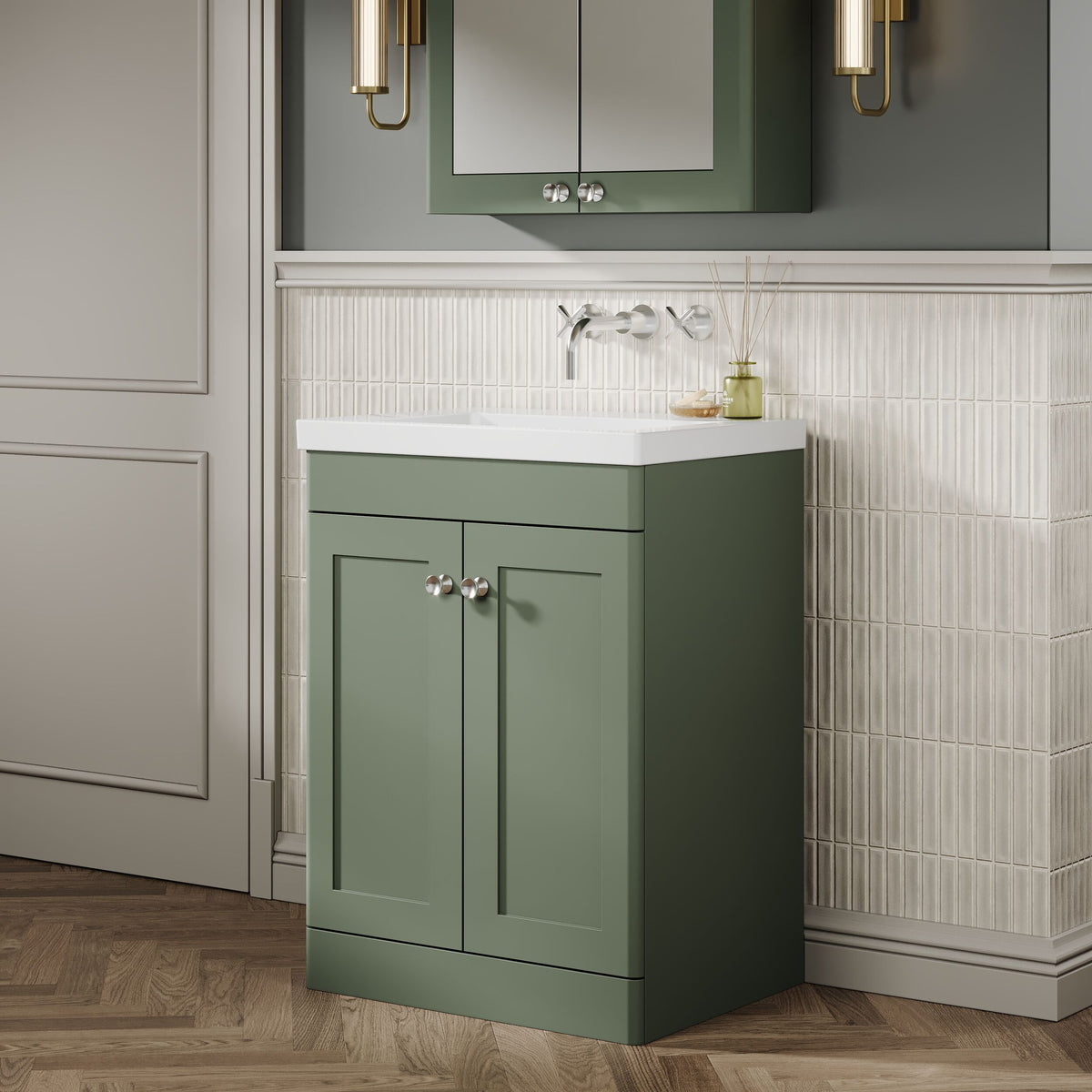 Modern Splash 600mm Satin Green 2 Door Floor Standing Vanity Unit With Fireclay Basin
