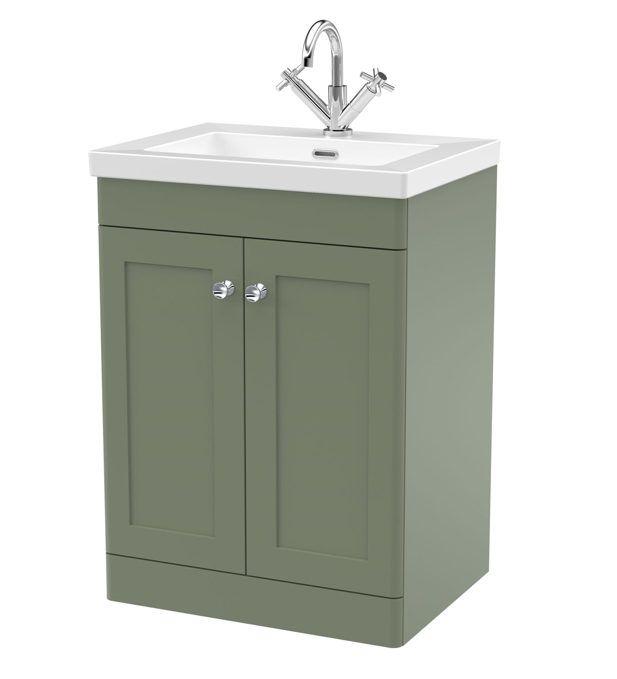 Modern Splash 600mm Satin Green 2 Door Floor Standing Vanity Unit With 1 Tap Hole Fireclay Basin