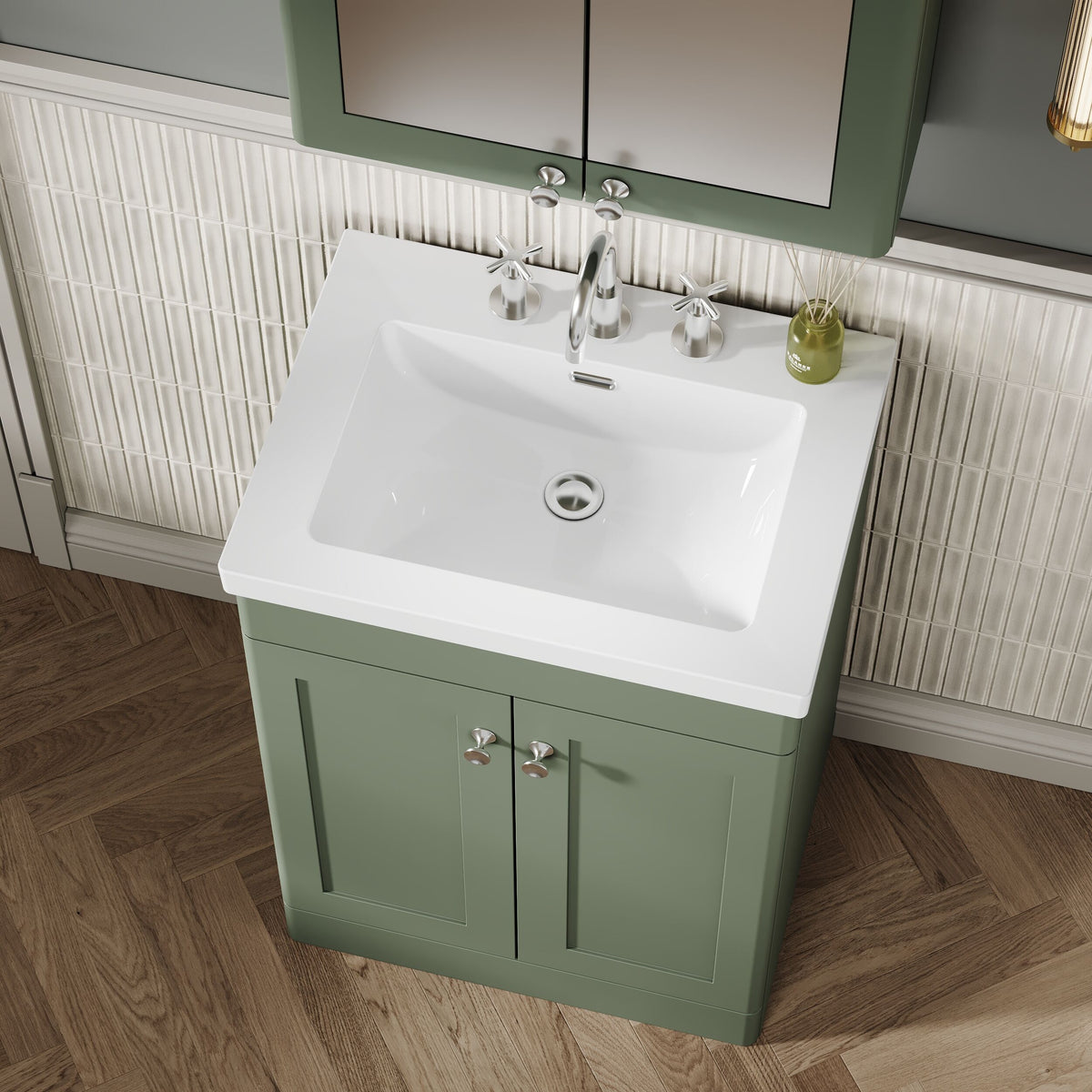 Modern Splash 600mm Satin Green 2 Door Floor Standing Vanity Unit With 3 Tap Hole Fireclay Basin