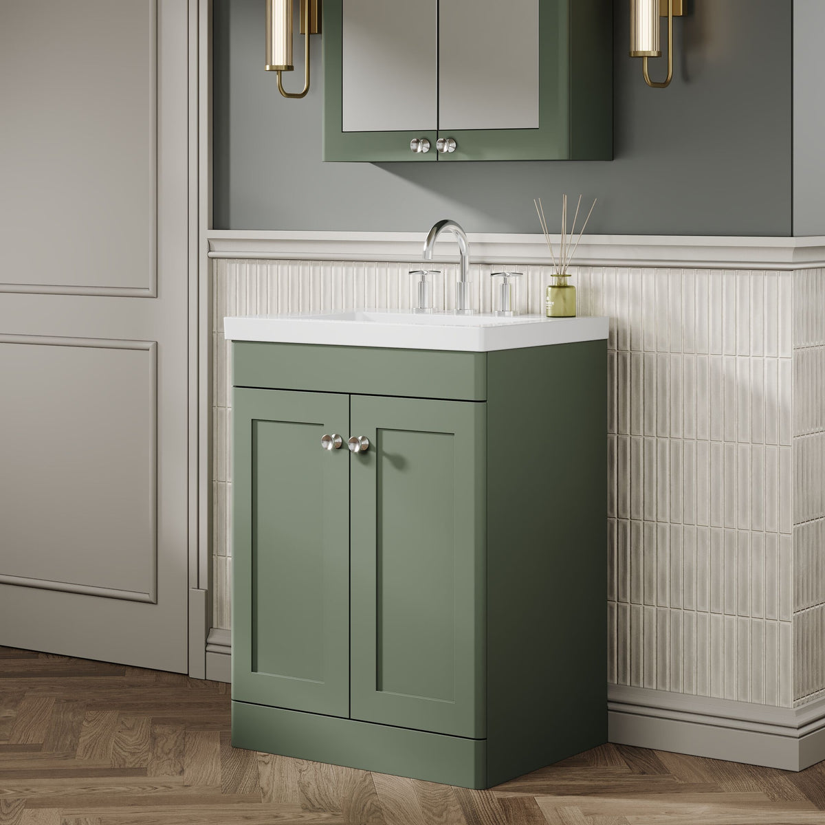 Modern Splash 600mm Satin Green 2 Door Floor Standing Vanity Unit With 3 Tap Hole Fireclay Basin
