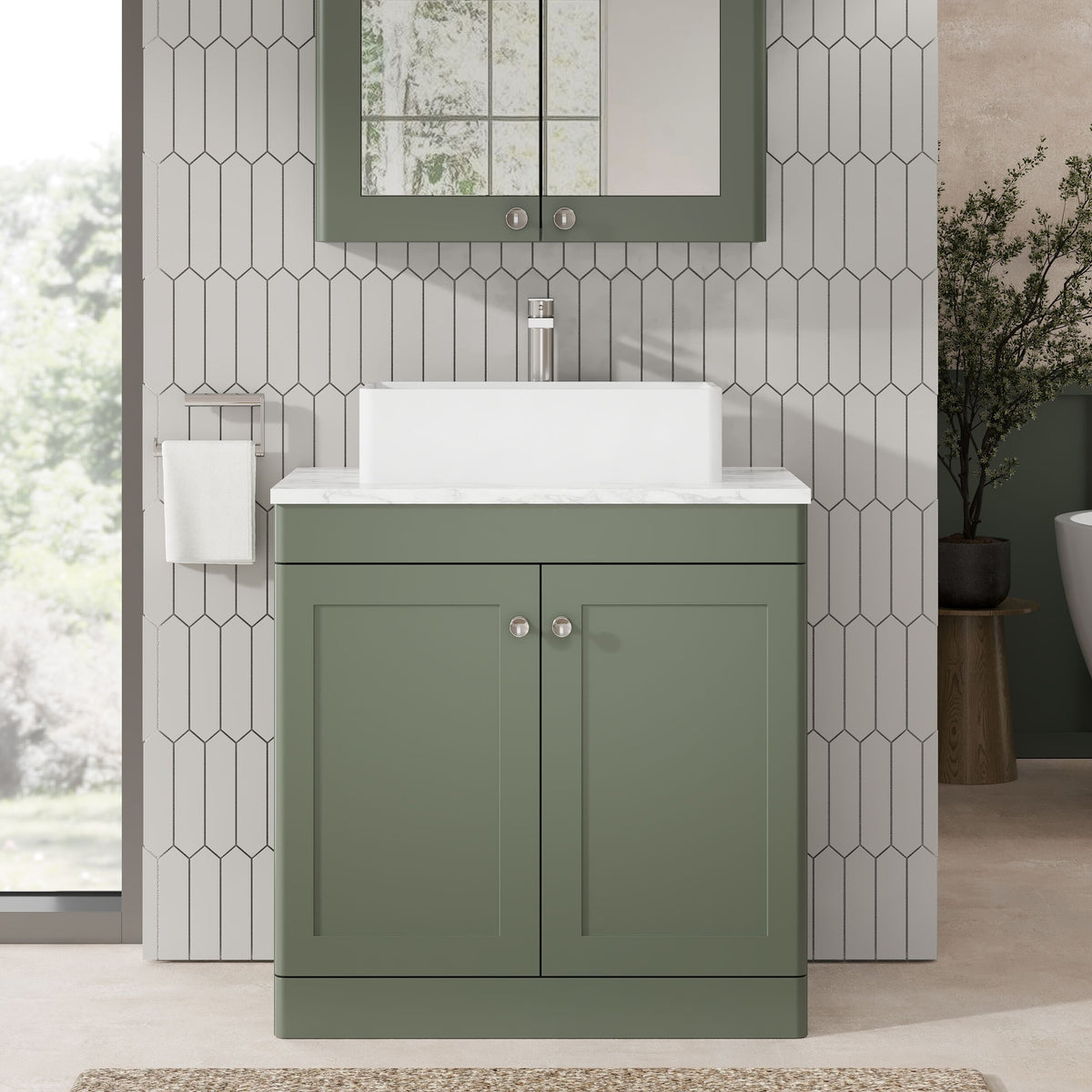 Modern Splash 810mm Satin Green 2 Door Floor Standing Vanity With Carrara Marble Worktop
