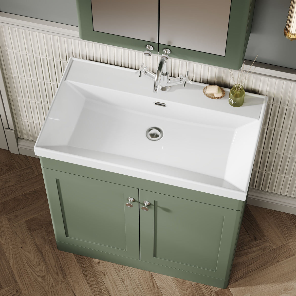 Modern Splash 800mm Satin Green 2 Door Floor Standing Vanity Unit With 1 Tap Hole Thin Edge Basin