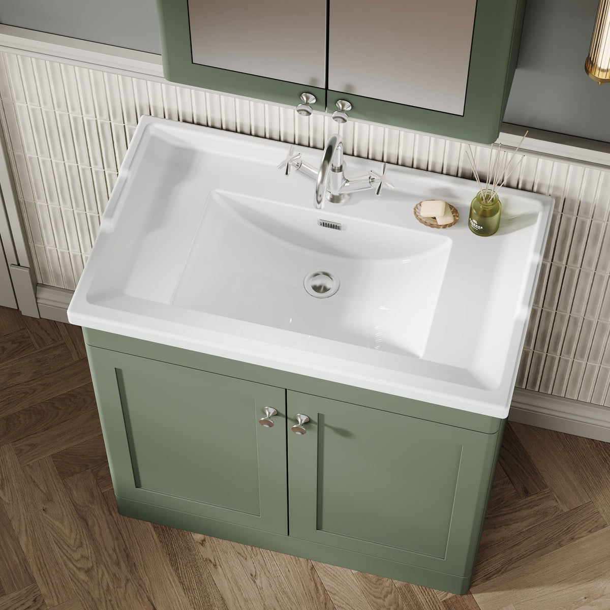 Modern Splash 800mm Satin Green 2 Door Floor Standing Vanity Unit With 1 Tap Hole Basin