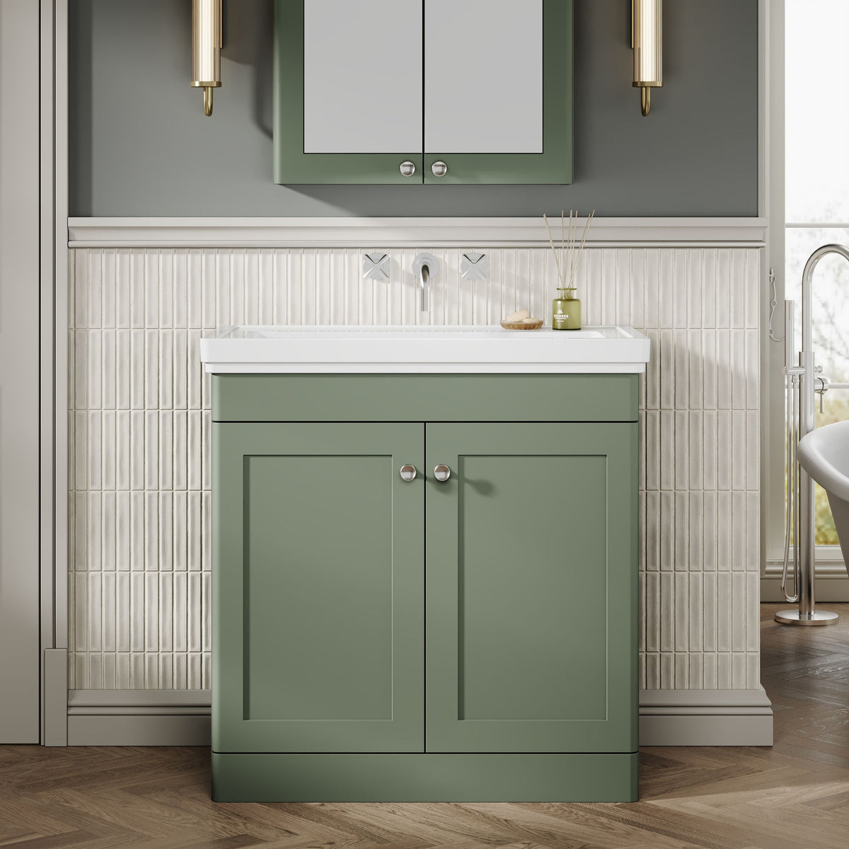 Modern Splash 800mm Satin Green 2 Door Floor Standing Vanity Unit With Basin