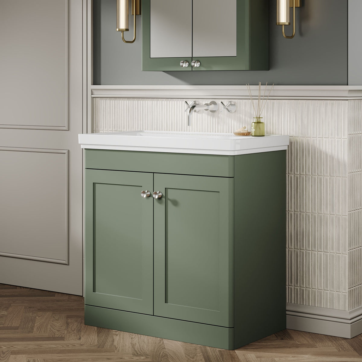 Modern Splash 800mm Satin Green 2 Door Floor Standing Vanity Unit With Basin